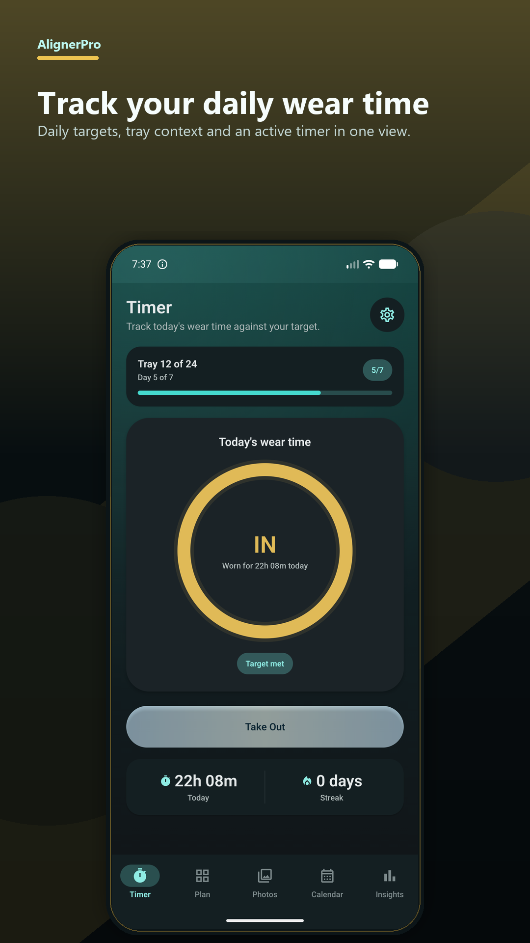 AlignerPro Invisalign® and clear aligner wear-time tracker screen with timer, tray context and daily target