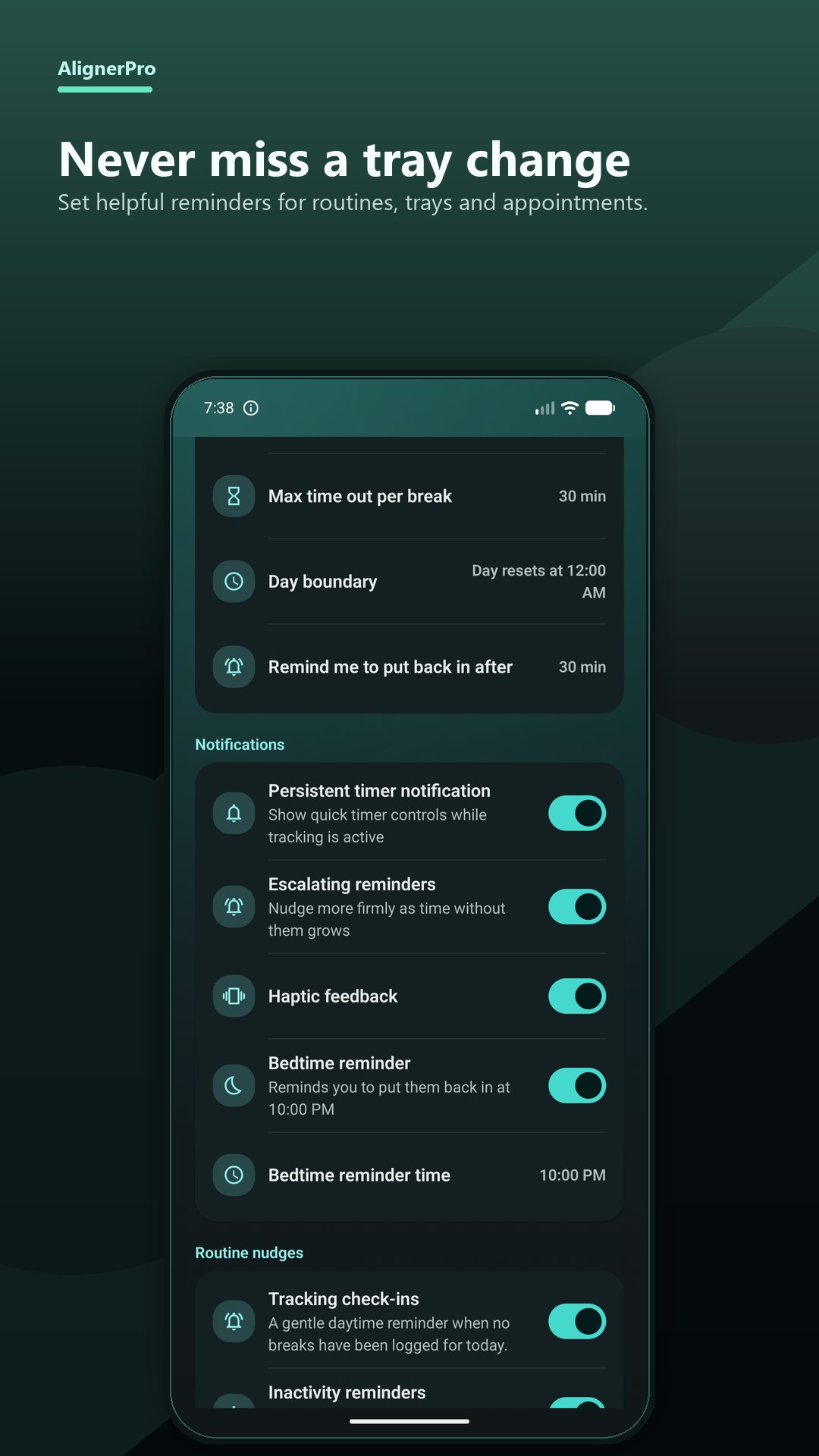 AlignerPro Invisalign® and clear aligner reminder settings screen with max time out, timer notification, haptic feedback and bedtime reminders