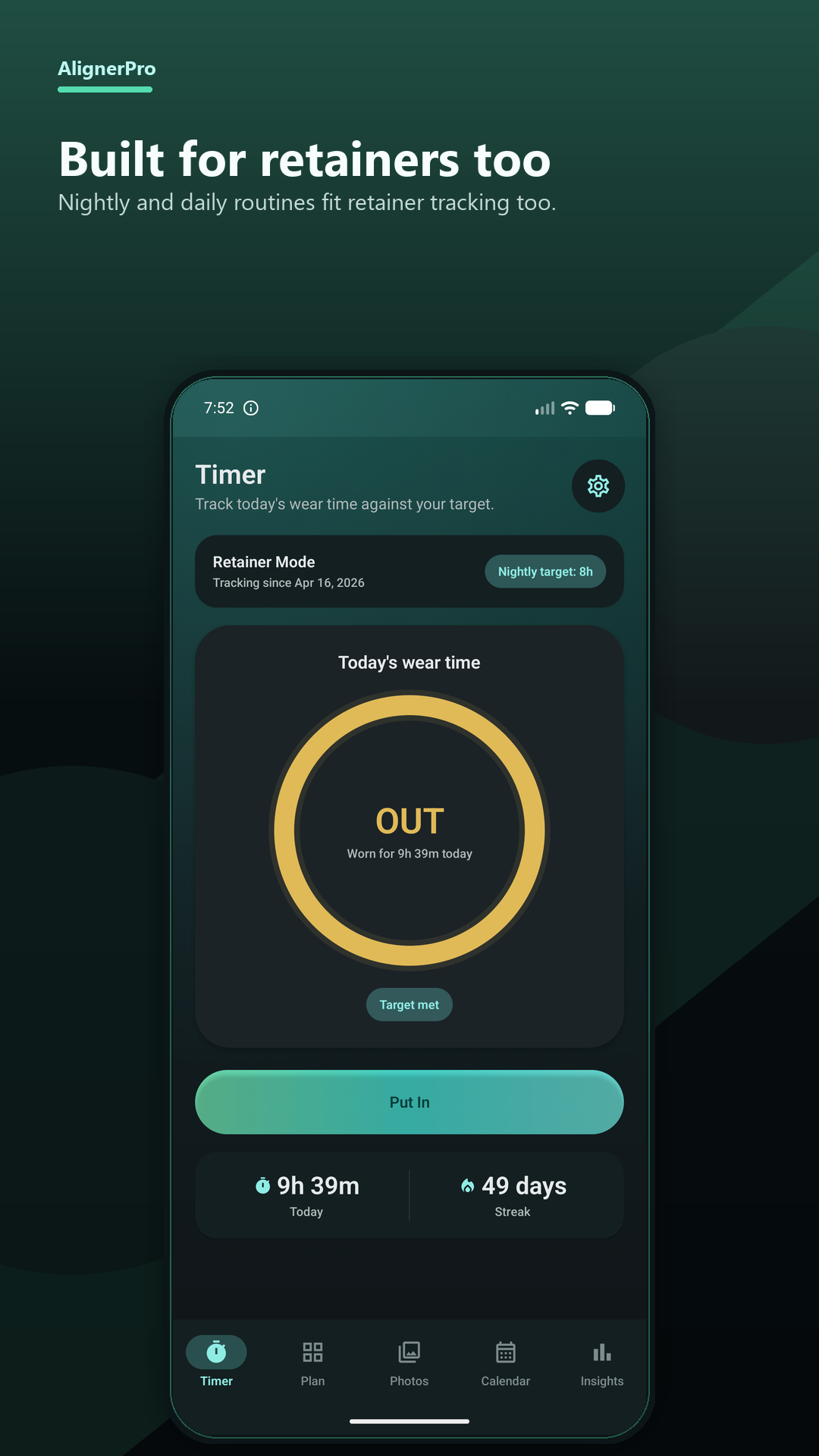 AlignerPro retainer tracker screen showing nightly target, daily wear time and retainer timer